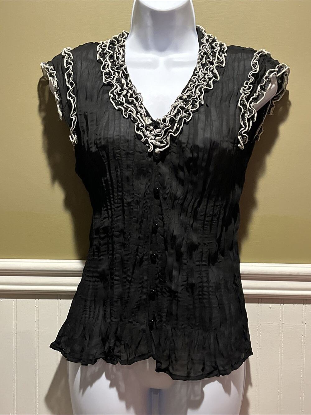 Jaipur Black Ruffled Semi Sheer Sleeveless Blouse Gray Trim NWT M